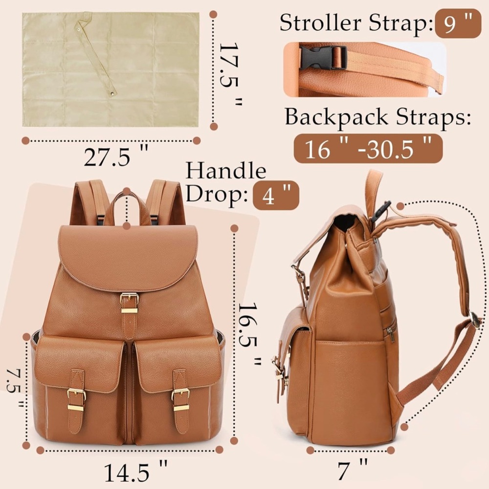 New Leather Diaper Backpack Bag with 12 Organizing Pouches,Changing Pad(brown) - Picture 4 of 14